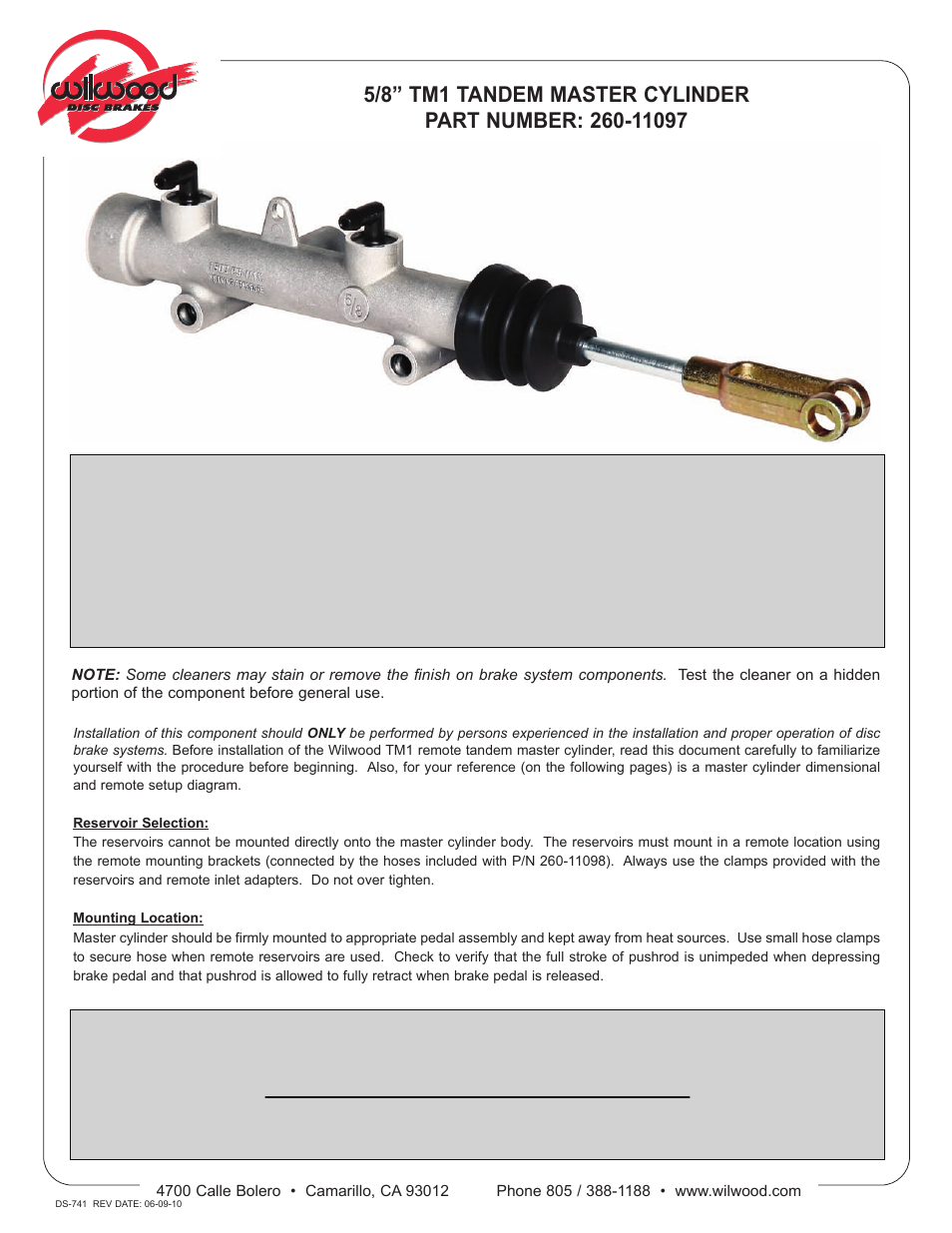 Wilwood Tandem Master Cylinder (TM1) User Manual | 3 pages