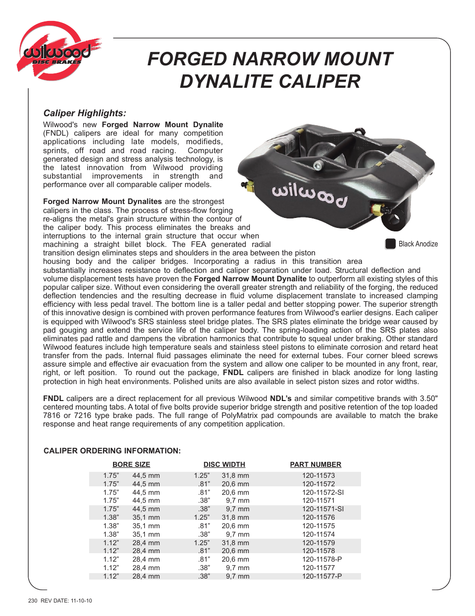 Wilwood Forged Narrow Dynalite User Manual | 2 pages