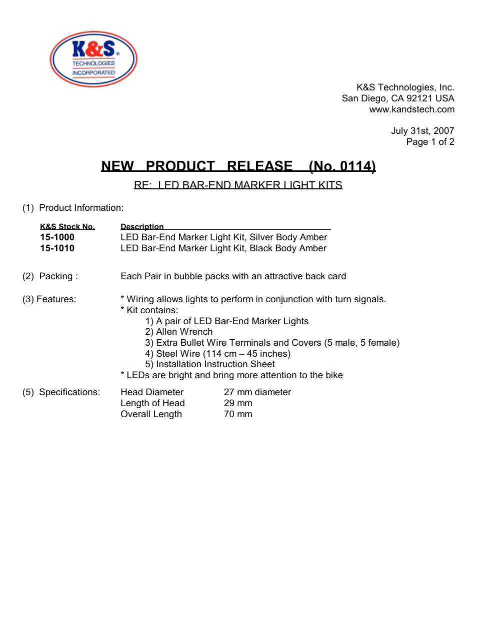 K&S Technologies Silver Body Amber User Manual | 2 pages