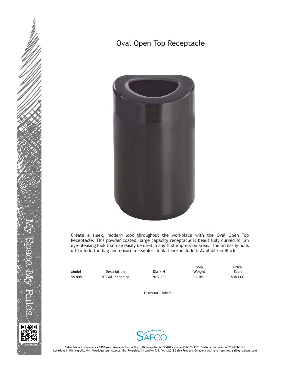 Safco 9920BL User Manual | 1 page