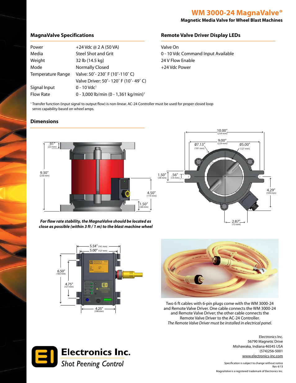 Magnavalve specifications, Remote valve driver display leds, Dimensions | Electronics WM 3000-24 User Manual | Page 2 / 2