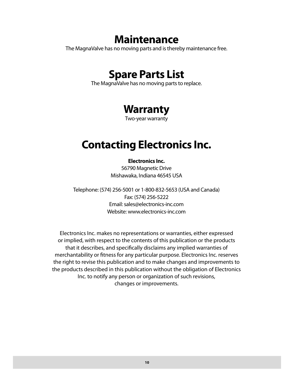 Maintenance, Spare parts list, Warranty | Contacting electronics inc | Electronics WM 3000-24 User Manual | Page 10 / 10