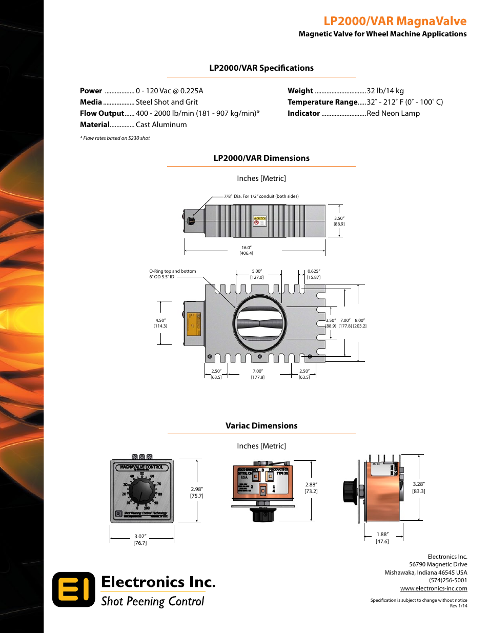 Lp2000/var magnavalve, Lp2000/var specifications, Lp2000/var dimensions | Variac dimensions, Magnetic valve for wheel machine applications, Inches [metric | Electronics LP2000_VAR User Manual | Page 2 / 2
