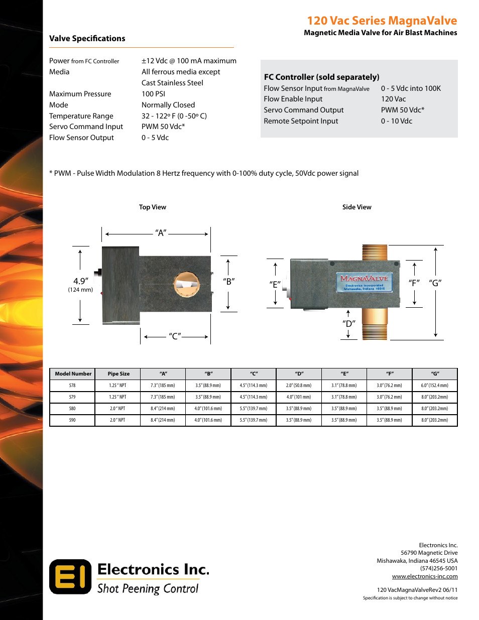 120 vac series magnavalve, B’’ “d’’ “e’’ “f’’ “g’’ “a” “c, Fc controller (sold separately) | Valve specifications | Electronics 590 User Manual | Page 2 / 2