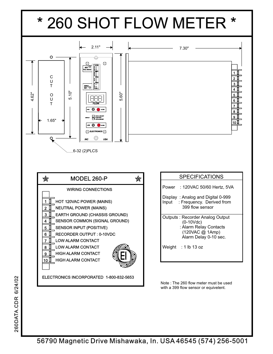 260 shot flow meter, Model 260-p, Specifications | Electronics 260-P User Manual | Page 2 / 2