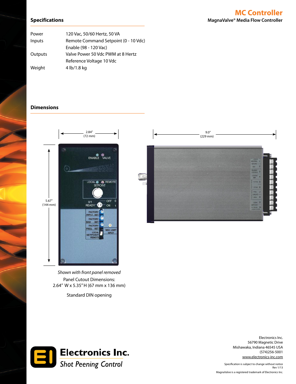 Mc controller, Specifications, Dimensions | Electronics MC User Manual | Page 2 / 2