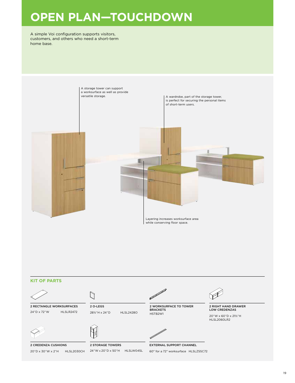 Open plan—touchdown, Kit of parts | HON Voi User Manual | Page 19 / 28