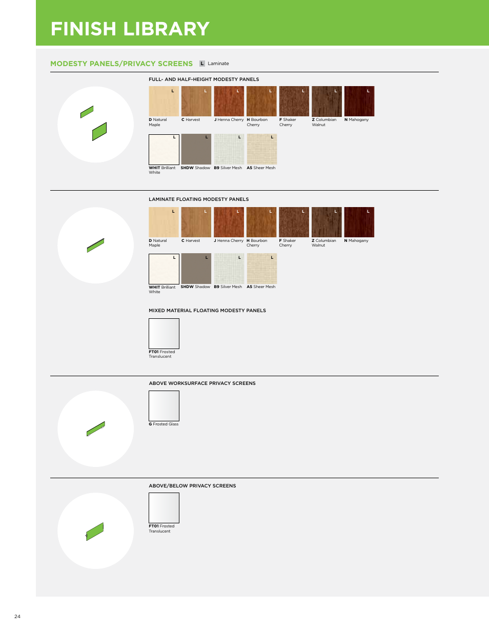 Finish library, Modesty panels/privacy screens | HON Voi User Manual | Page 24 / 28