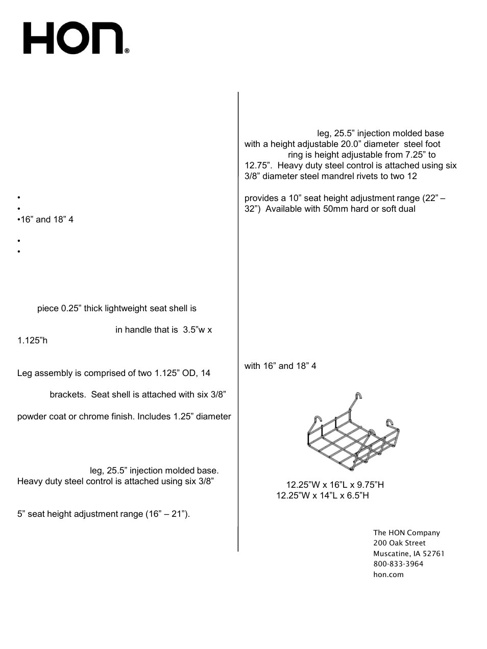 Smartlink, Seating technical specifications | HON SmartLink Seating User Manual | Page 2 / 2