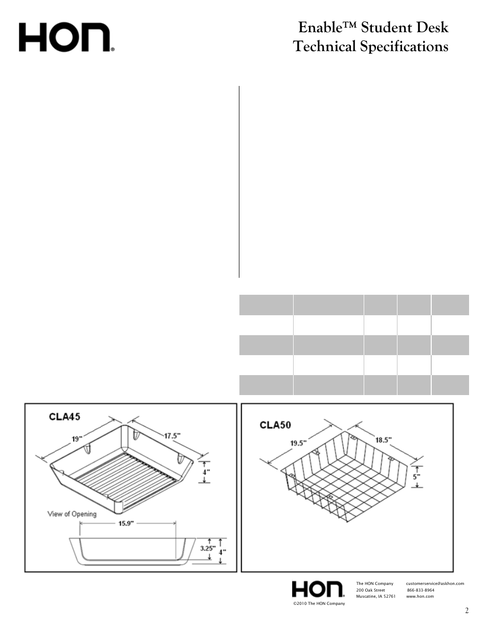 Slide number 2, Enable™ student desk technical specifications | HON Enable User Manual | Page 2 / 3