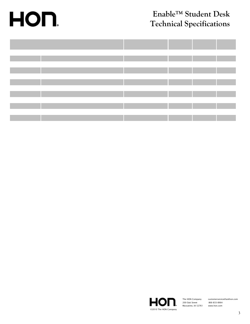 Slide number 3, Enable™ student desk technical specifications | HON Enable User Manual | Page 3 / 3
