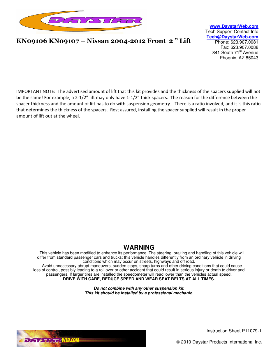 Warning | Daystar KN09106 User Manual | Page 2 / 2
