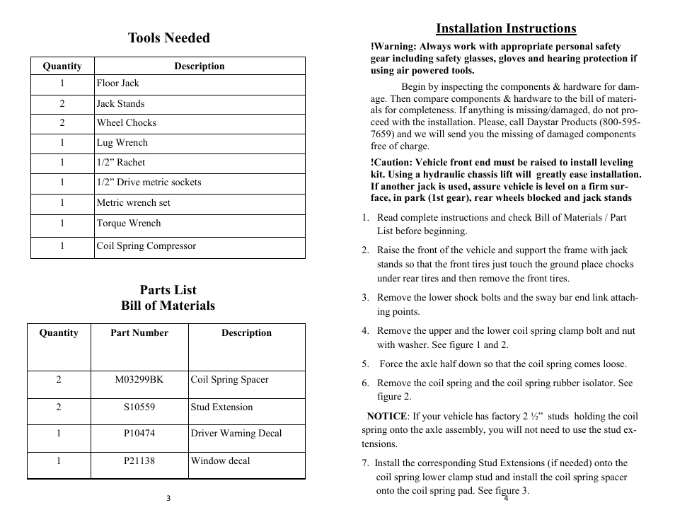Tools needed, Parts list bill of materials, Installation instructions | Daystar KF09101BK User Manual | Page 2 / 4