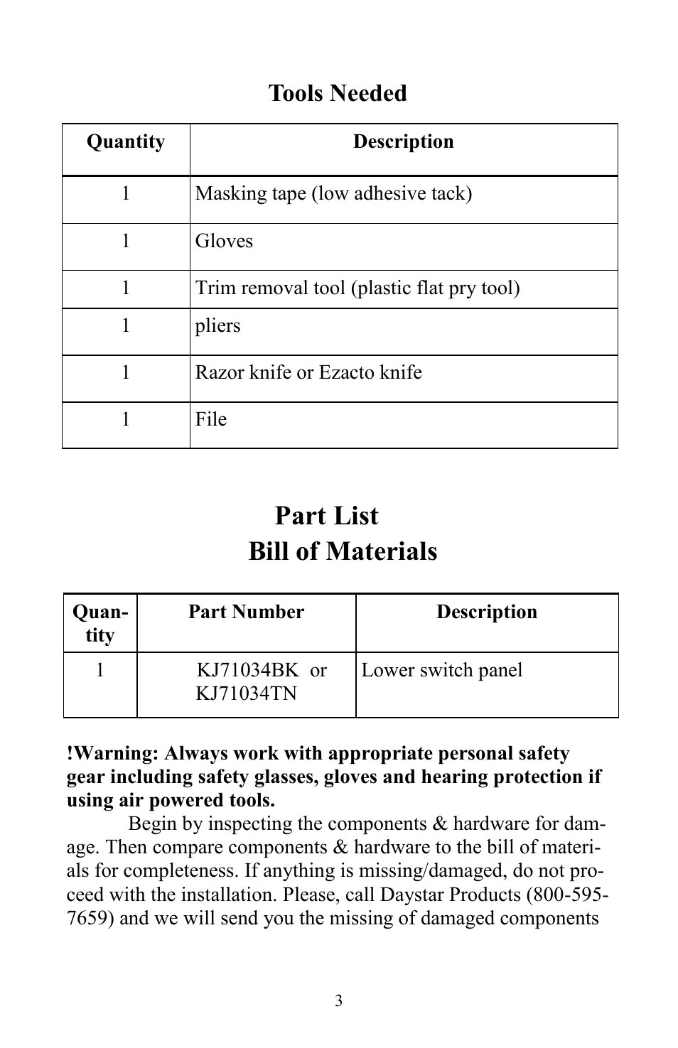 Bill of materials, Part list, Tools needed | Daystar KJ71034BK User Manual | Page 3 / 8