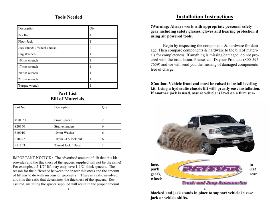 Installation instructions, Tools needed part list bill of materials | Daystar KF09124BK User Manual | Page 2 / 6