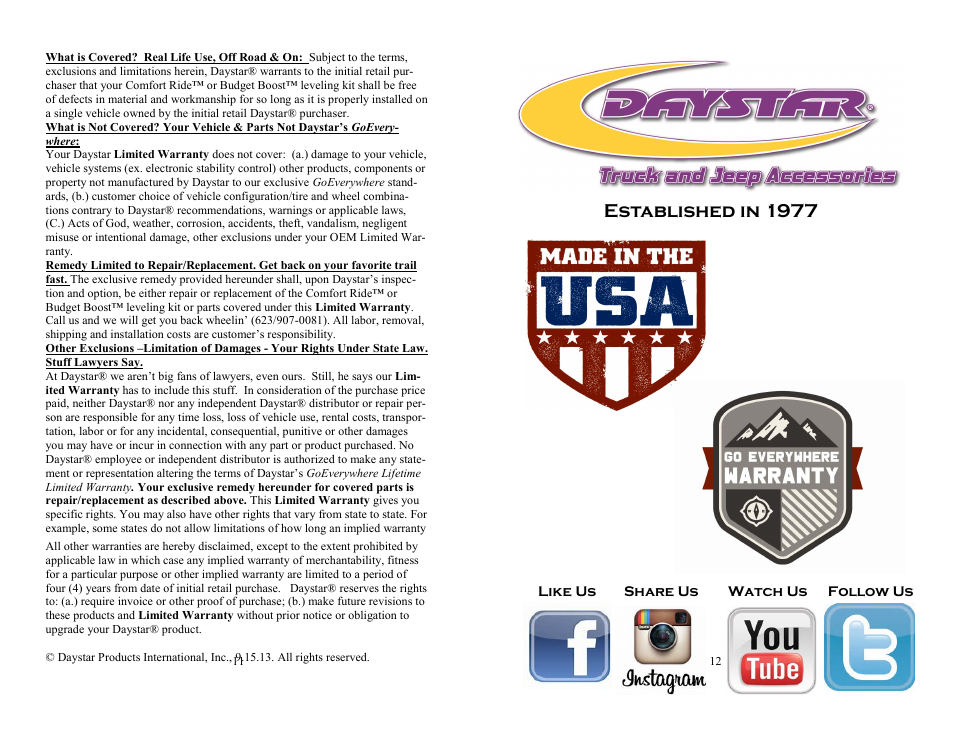 Established in 1977 | Daystar KF09124BK User Manual | Page 6 / 6