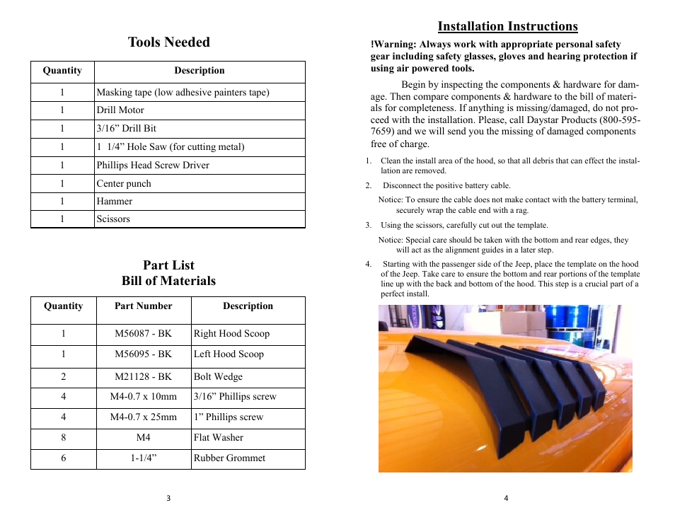 Tools needed, Part list bill of materials, Installation instructions | Daystar KJ71042BK User Manual | Page 2 / 6