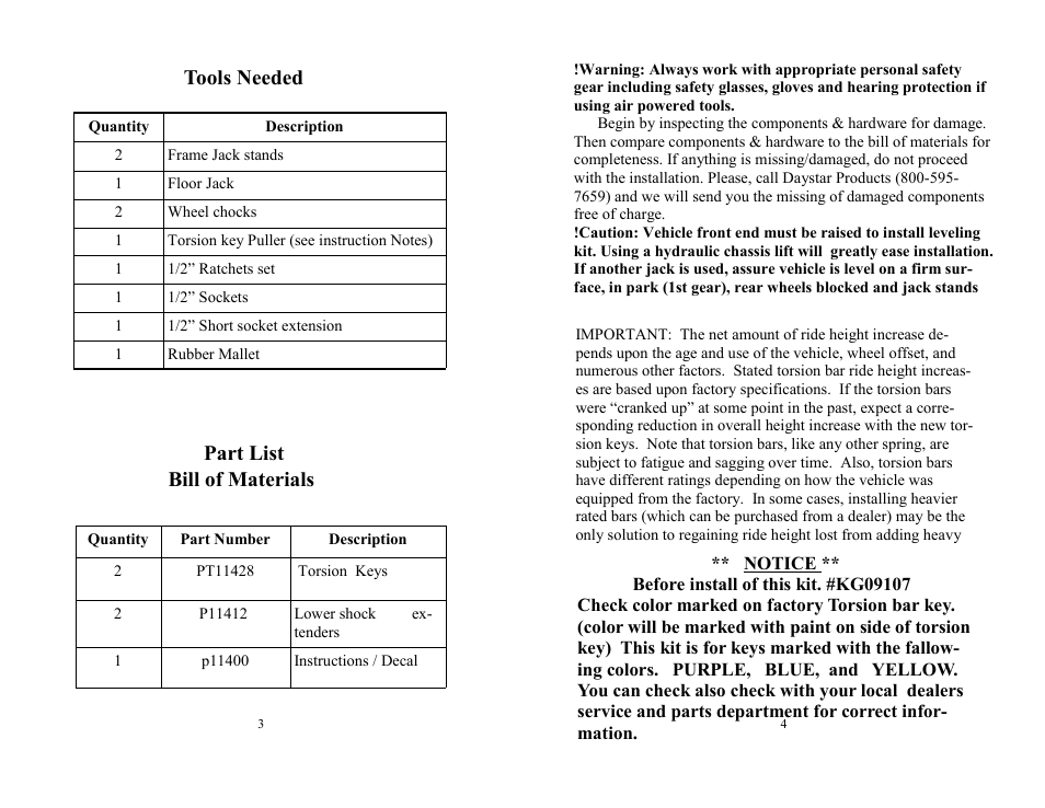 Bill of materials, Tools needed part list | Daystar KG09107 User Manual | Page 2 / 6