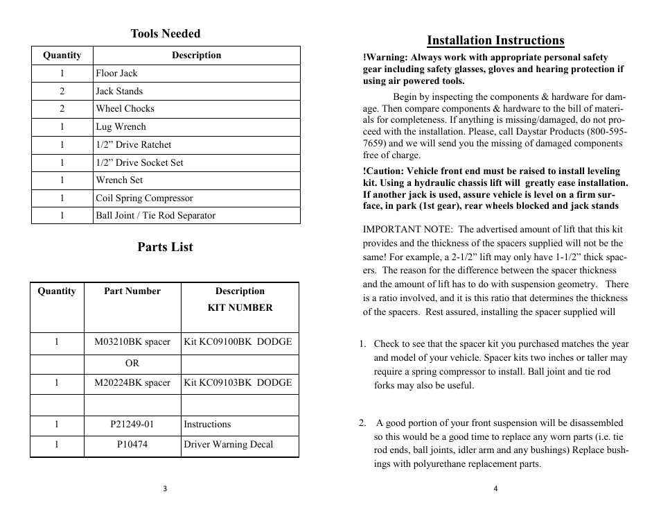 Parts list, Installation instructions | Daystar KC09100BK User Manual | Page 2 / 6