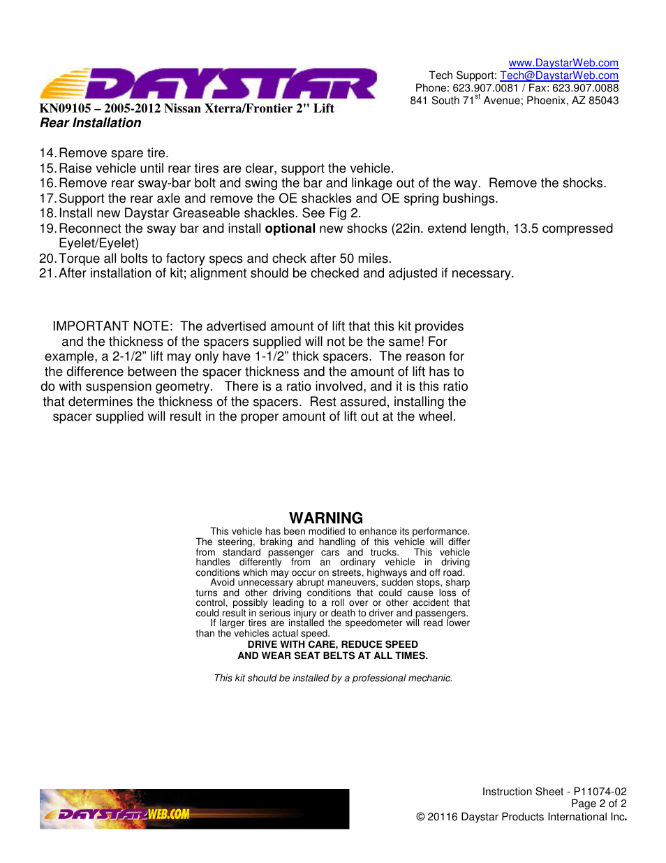 Warning | Daystar KN09105 User Manual | Page 2 / 2