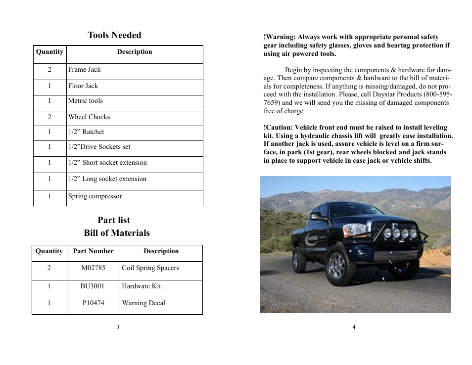 Bill of materials tools needed, Part list | Daystar KC09101BK User Manual | Page 2 / 6