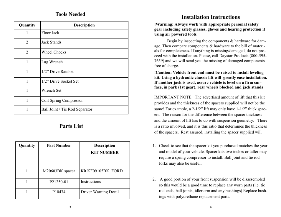 Parts list, Installation instructions | Daystar KF09105BK User Manual | Page 2 / 6