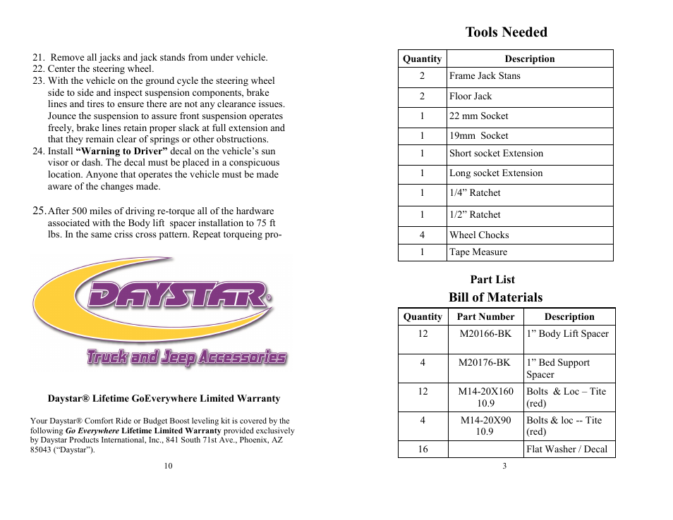 Tools needed, Bill of materials | Daystar KG04501BK User Manual | Page 3 / 6