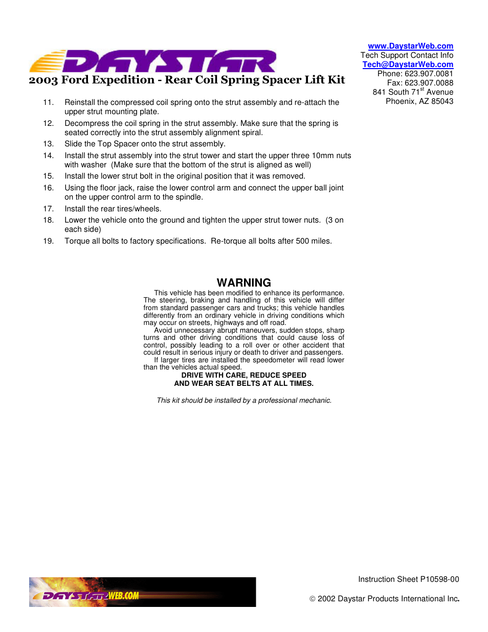 Warning | Daystar KF09110-2 User Manual | Page 2 / 2