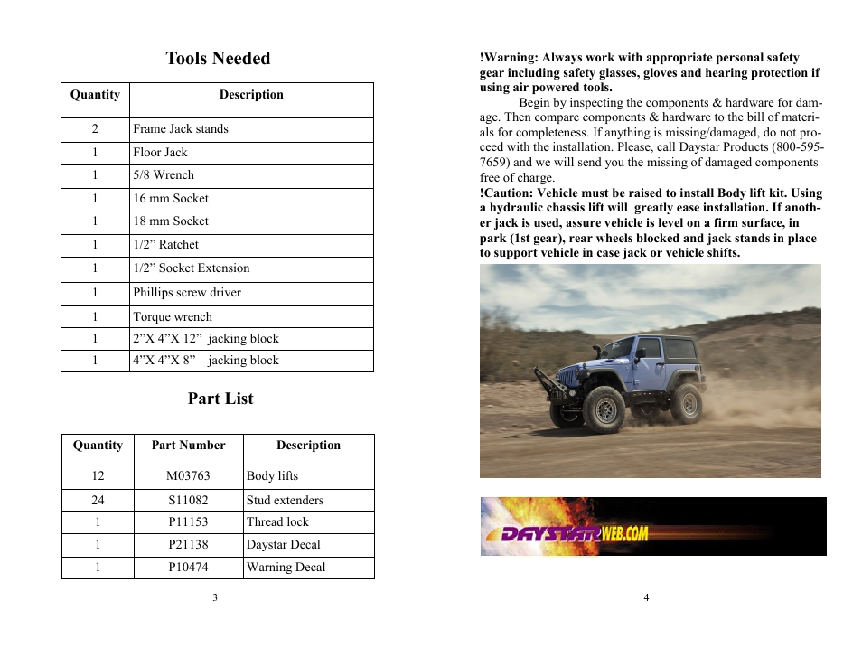 Tools needed, Part list | Daystar KJ04520BK User Manual | Page 2 / 6