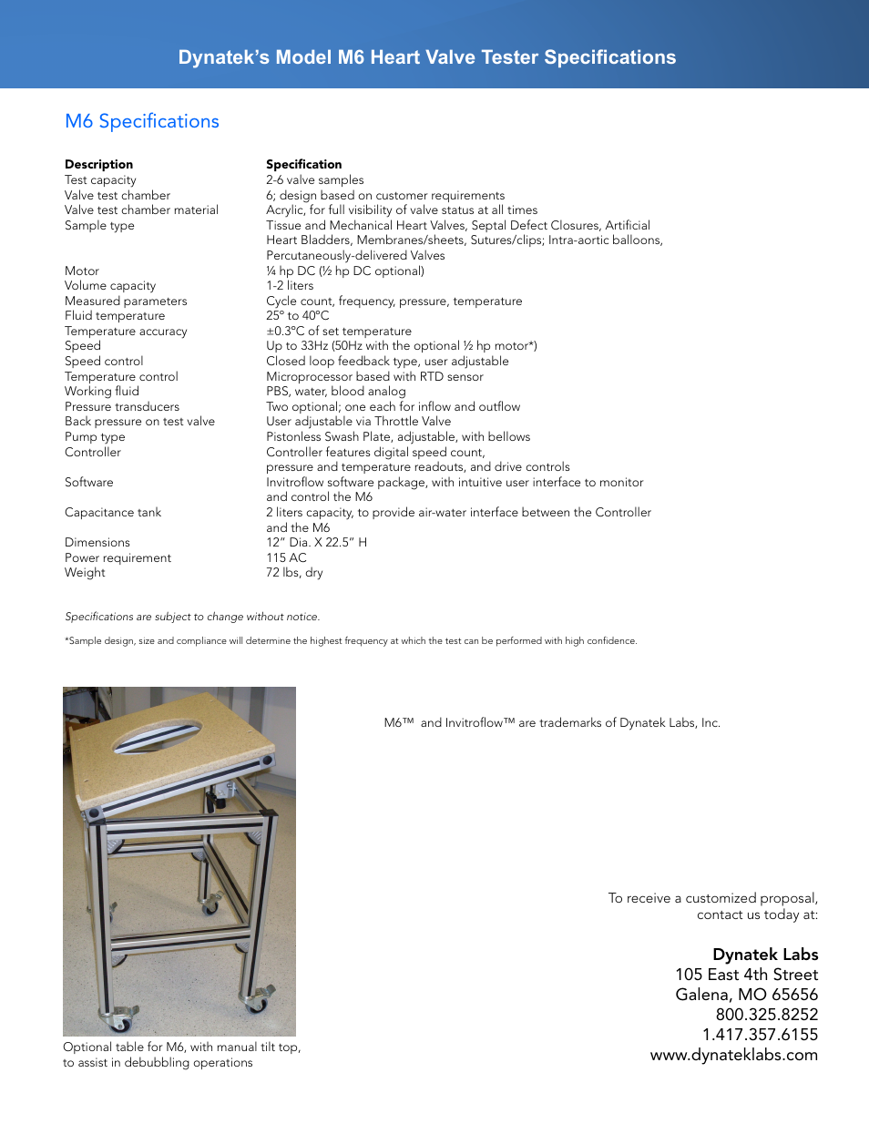 M6 specifications | Dynatek Labs M6 User Manual | Page 6 / 6