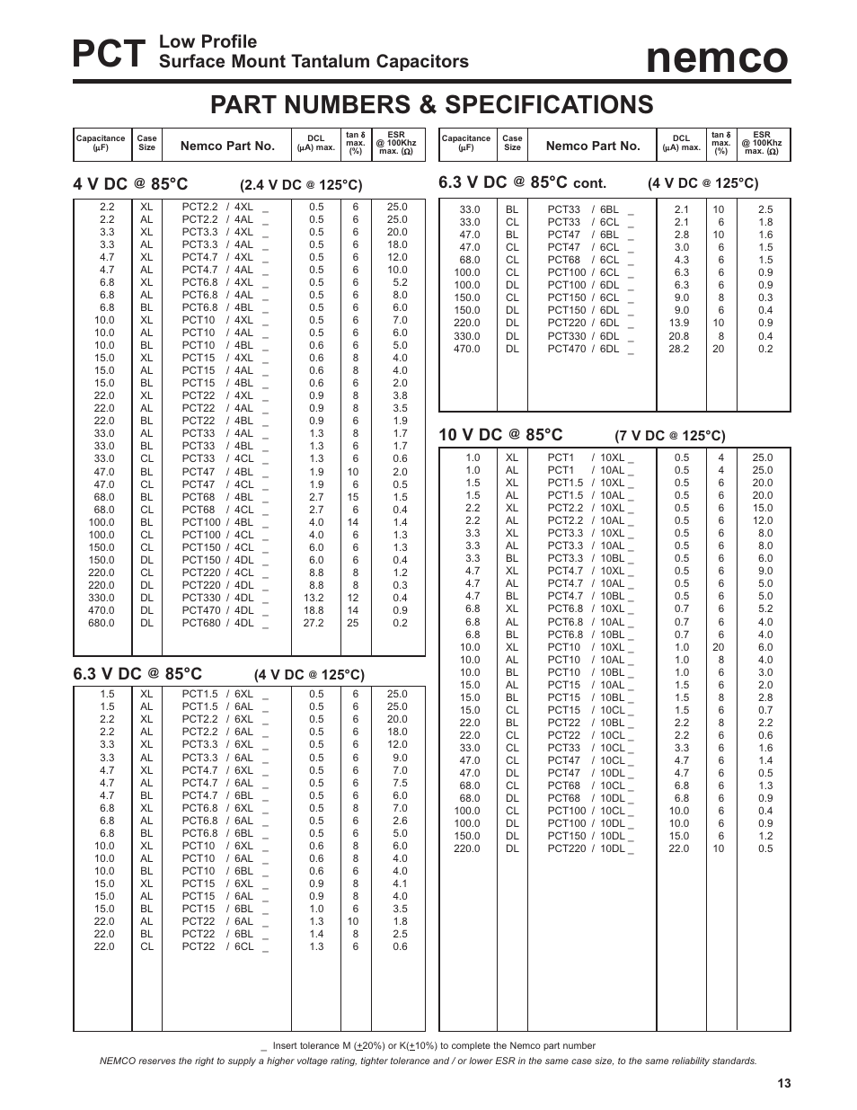 Nemco, Part numbers & specifications, Low profile surface mount tantalum capacitors | 4 v dc, 85°c, 3 v dc, 10 v dc, 125°c), Cont. (4 v dc, 7 v dc | Nemco Electronics PCT Low Profile User Manual | Page 2 / 3