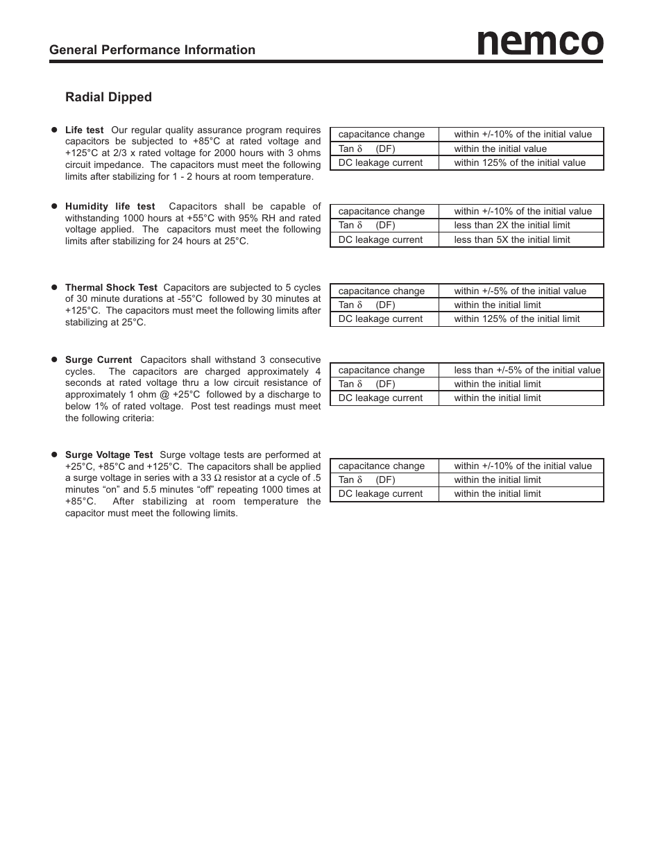 General performance information radial dipped | Nemco Electronics Performance Info User Manual | Page 11 / 12