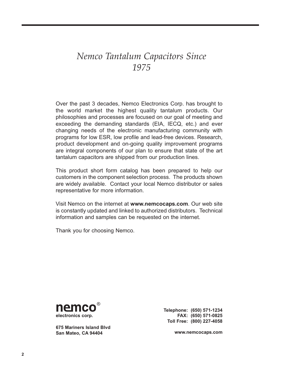 Nemco tantalum capacitors since 1975 | Nemco Electronics Full Catalog User Manual | Page 2 / 40