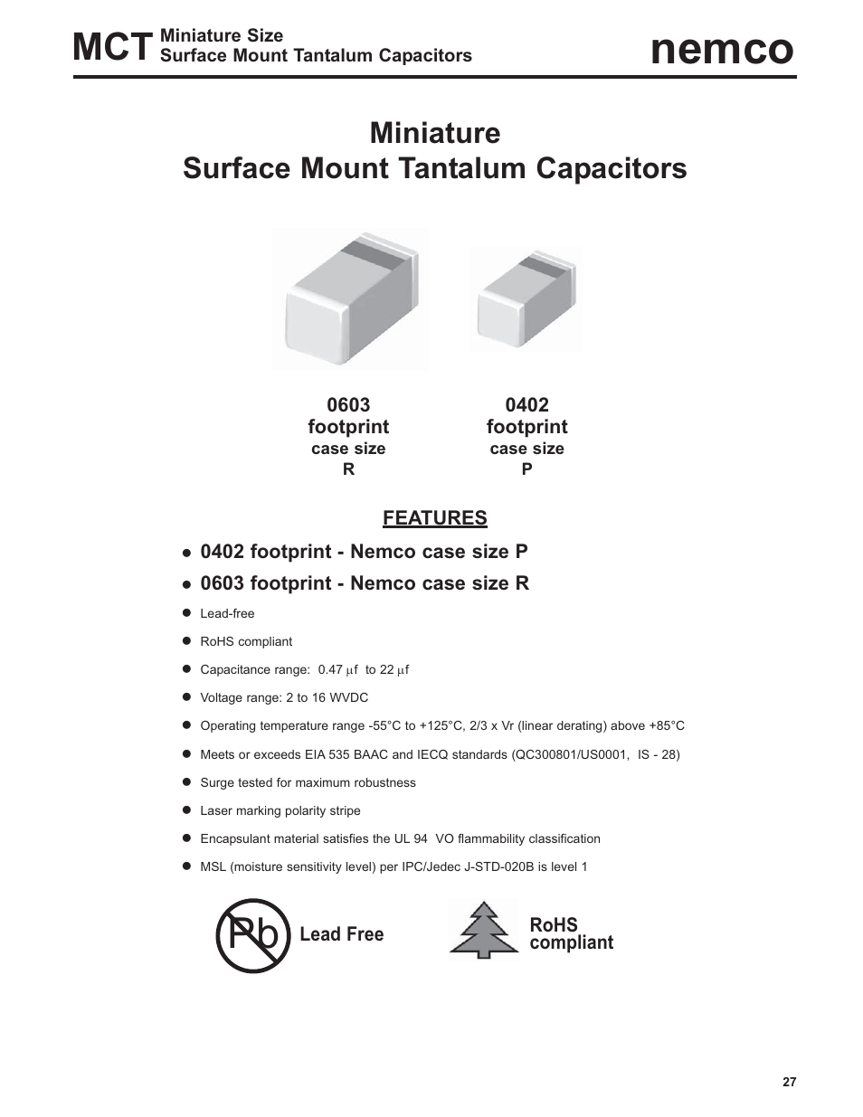 Nemco, Miniature surface mount tantalum capacitors | Nemco Electronics Full Catalog User Manual | Page 27 / 40