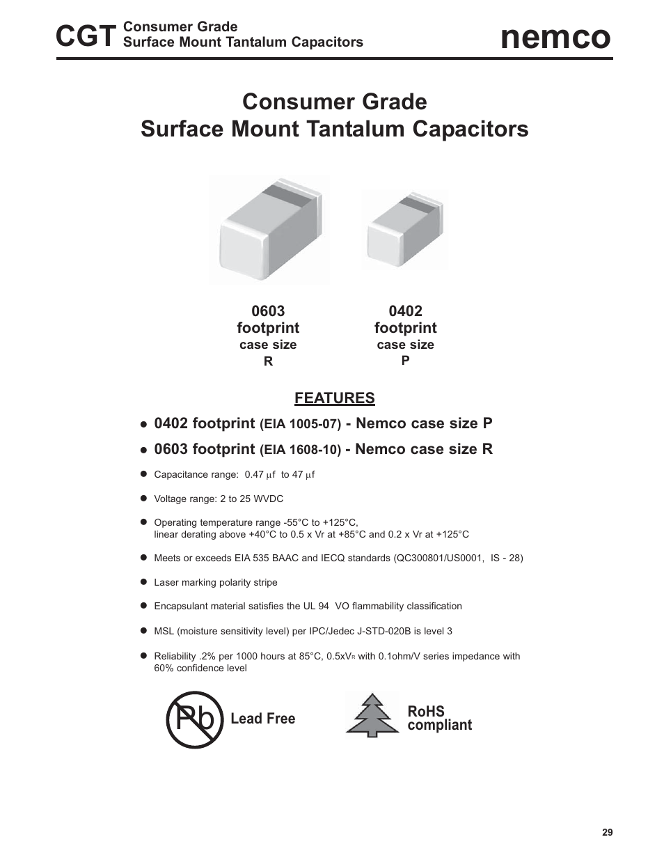 Nemco, Consumer grade surface mount tantalum capacitors | Nemco Electronics Full Catalog User Manual | Page 29 / 40