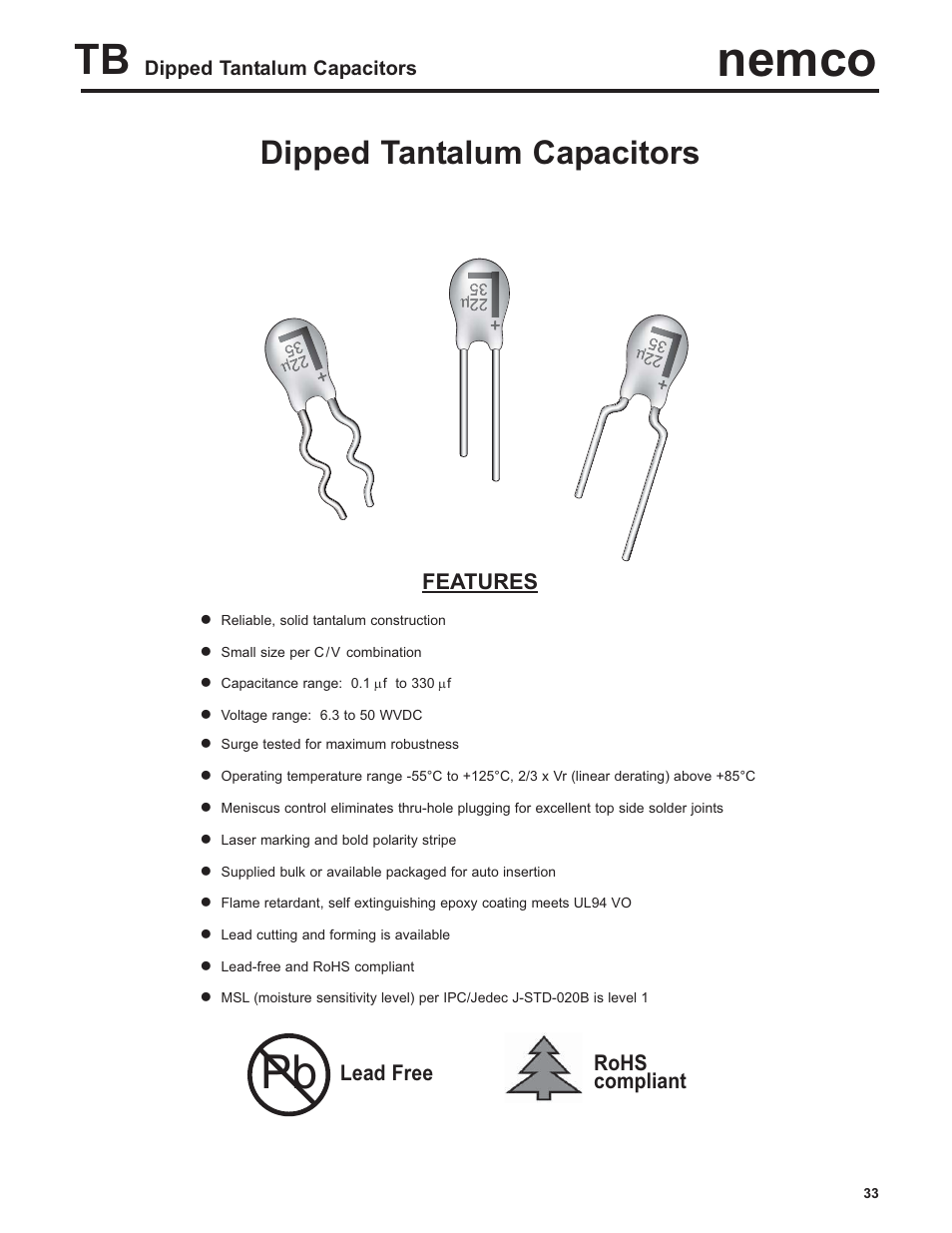 Nemco, Dipped tantalum capacitors | Nemco Electronics Full Catalog User Manual | Page 33 / 40