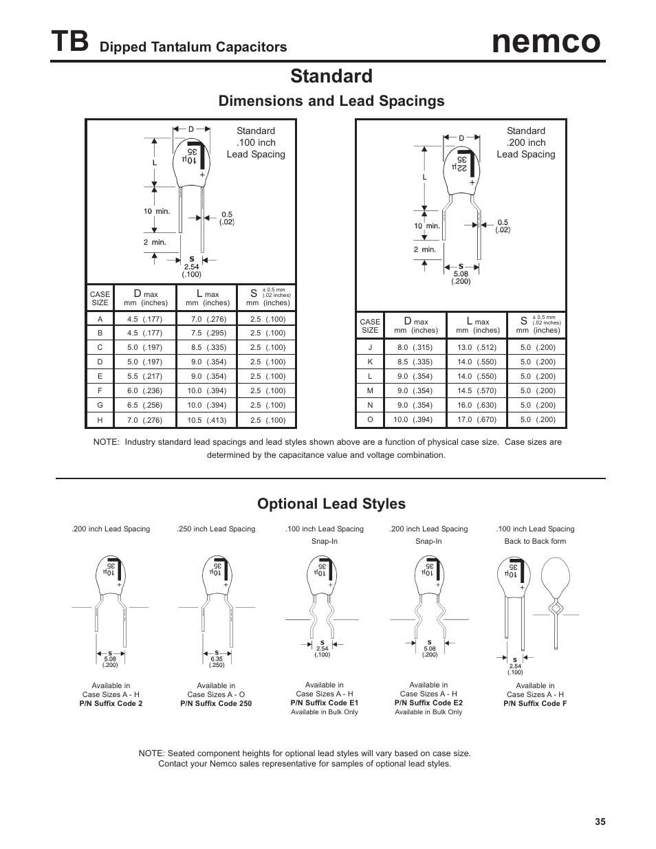 Nemco, Standard, Dimensions and lead spacings | Optional lead styles, Low profile dipped tantalum capacitors | Nemco Electronics Full Catalog User Manual | Page 35 / 40