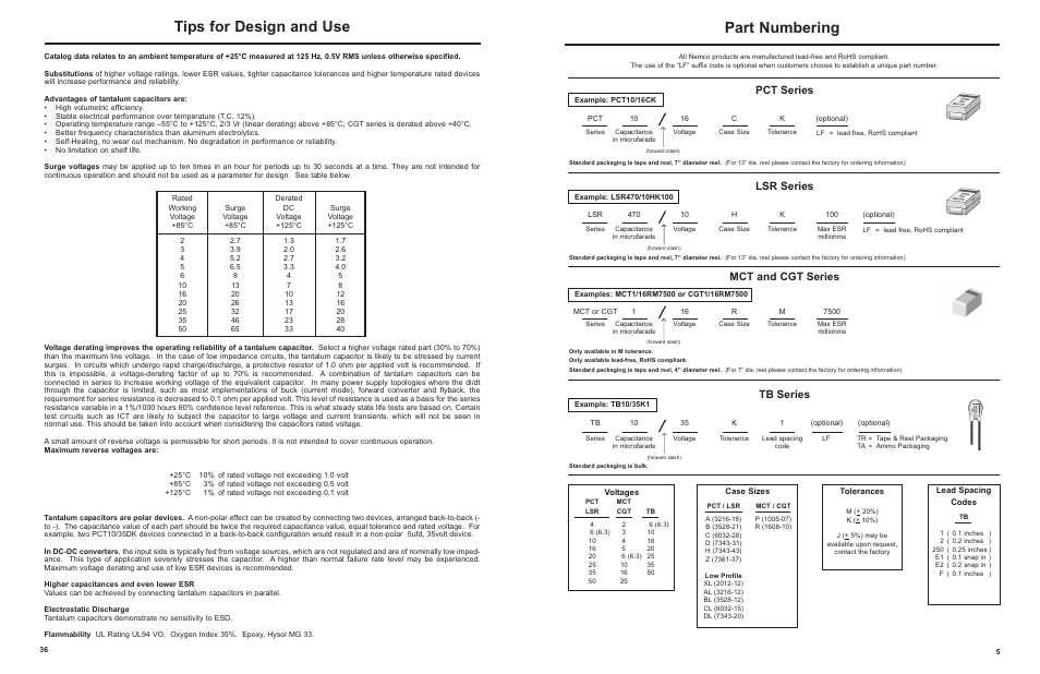 Part numbering, Tips for design and use, Pct series | Tb series, Lsr series, Mct and cgt series | Nemco Electronics Full Catalog User Manual | Page 36 / 40