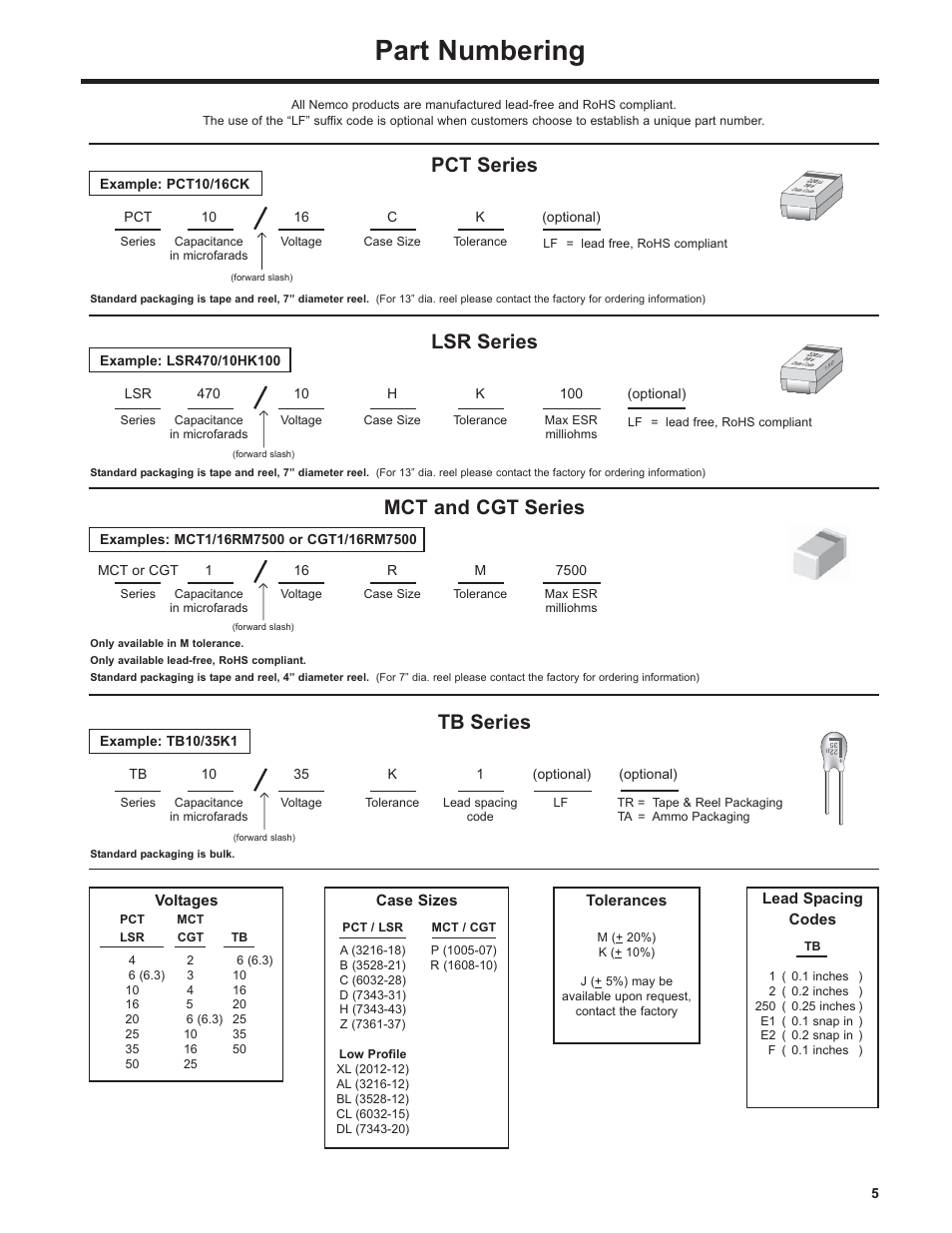Part numbering, Pct series, Tb series | Lsr series, Mct and cgt series | Nemco Electronics Full Catalog User Manual | Page 5 / 40