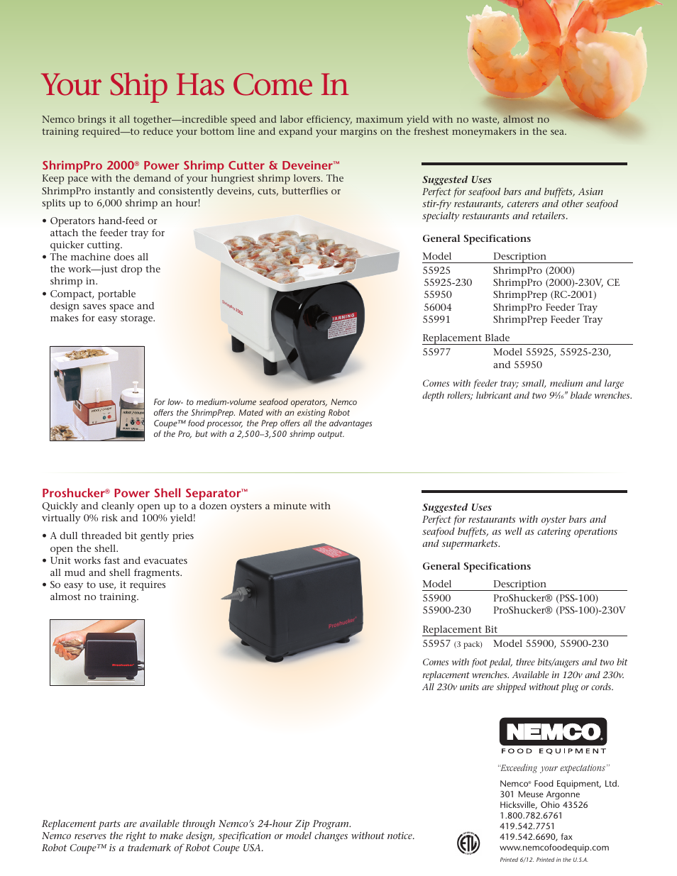 Your ship has come in, Shrimppro 2000, Power shrimp cutter & deveiner | Proshucker, Power shell separator | Nemco Food Equipment ProShucker Power Shell Separator - Spec Sheet User Manual | Page 2 / 2