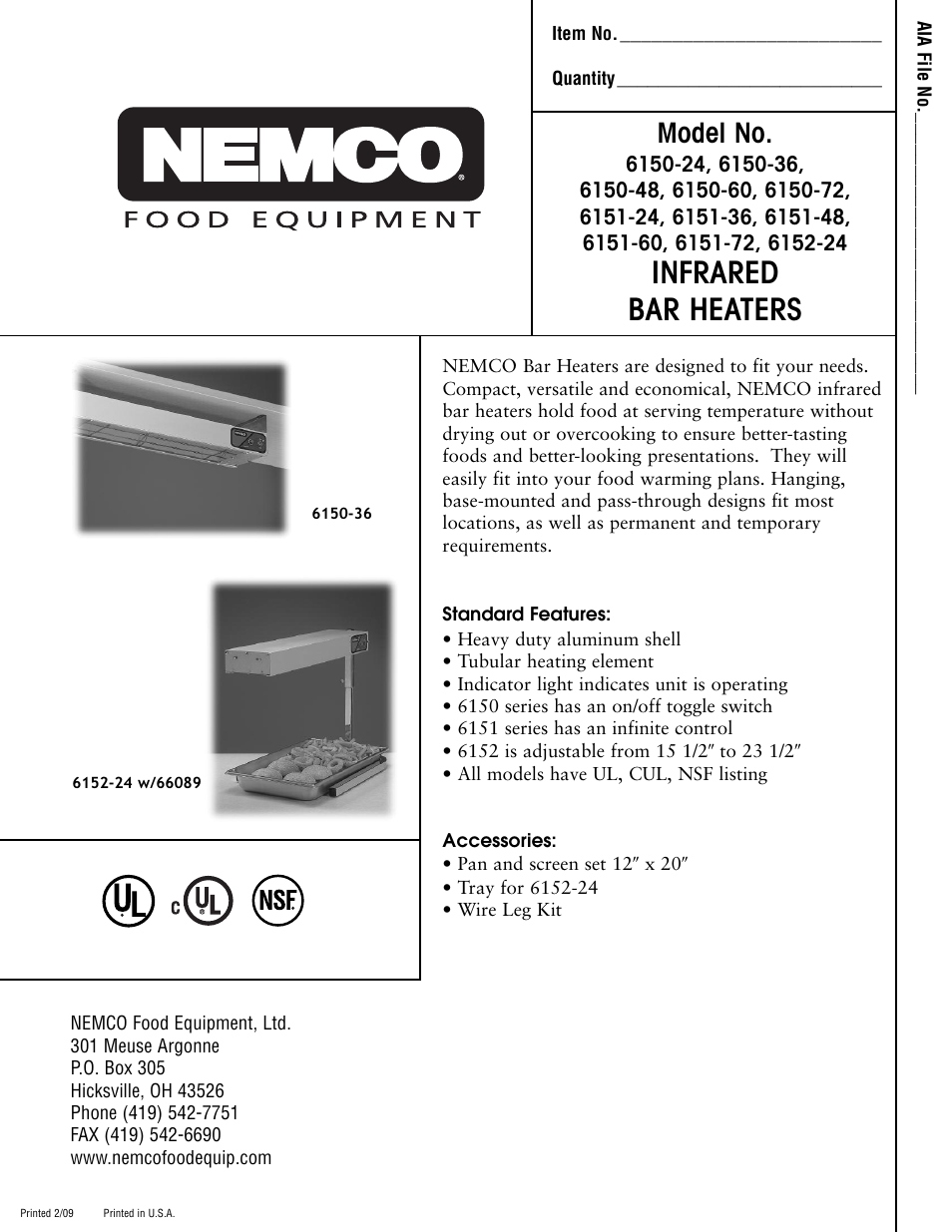 Nemco Food Equipment Infrared Strip Heaters - Spec Sheet User Manual | 2 pages