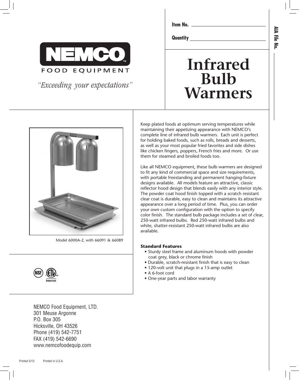 Nemco Food Equipment Carving Station Bulb Warmers - Spec Sheet User Manual | 4 pages