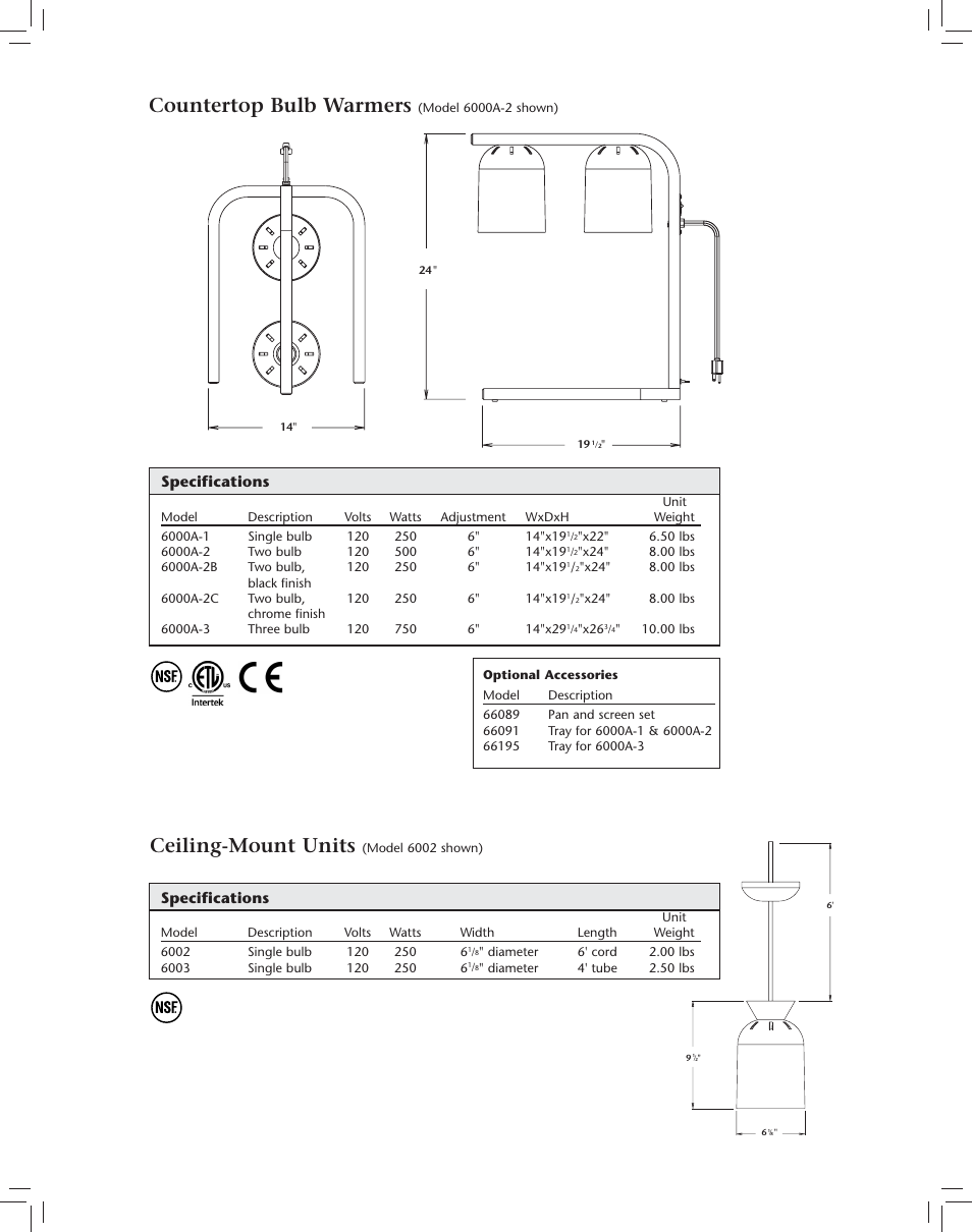 Countertop bulb warmers, Ceiling-mount units, Specifications | Nemco Food Equipment Carving Station Bulb Warmers - Spec Sheet User Manual | Page 2 / 4
