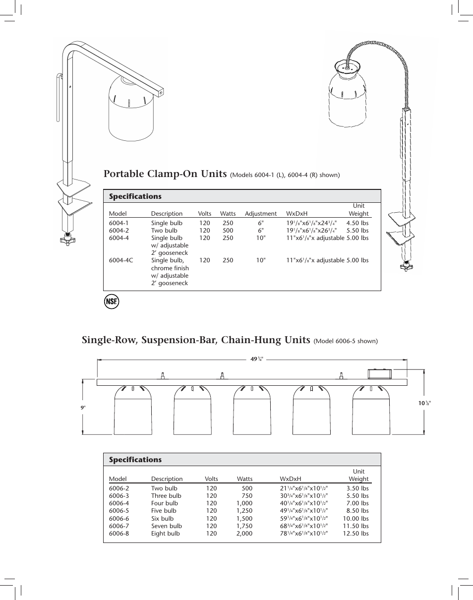 Portable clamp-on units, Single-row, suspension-bar, chain-hung units, Specifications | Nemco Food Equipment Carving Station Bulb Warmers - Spec Sheet User Manual | Page 3 / 4