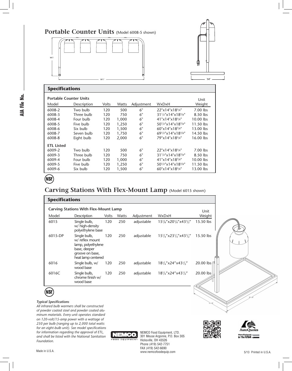 Infraredbulbwarmers_p4, Portable counter units, Carving stations with flex-mount lamp | Aia file no, 6055a, Specifications, Accessories for 6055a description, Au to q u ot e s | Nemco Food Equipment Carving Station Bulb Warmers - Spec Sheet User Manual | Page 4 / 4