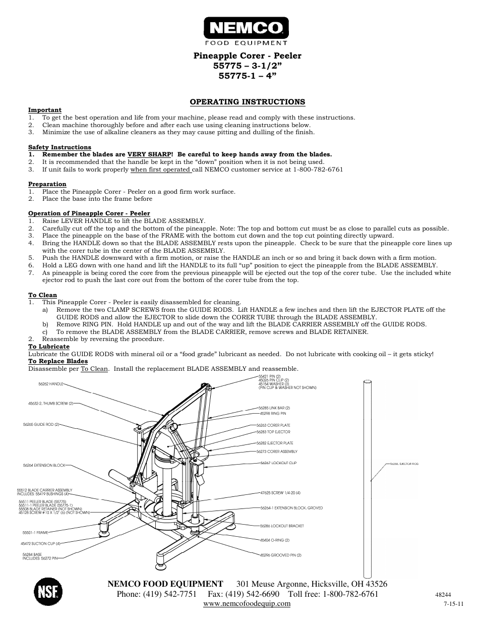 Nemco Food Equipment Easy Pineapple Corer_Peeler - Operations Manual User Manual | 1 page