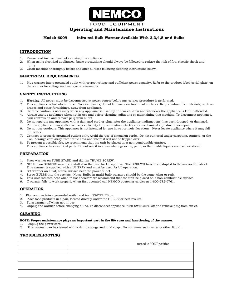 Nemco Food Equipment Infrared Bulb Warmers 6009 - Operations Manual User Manual | 2 pages