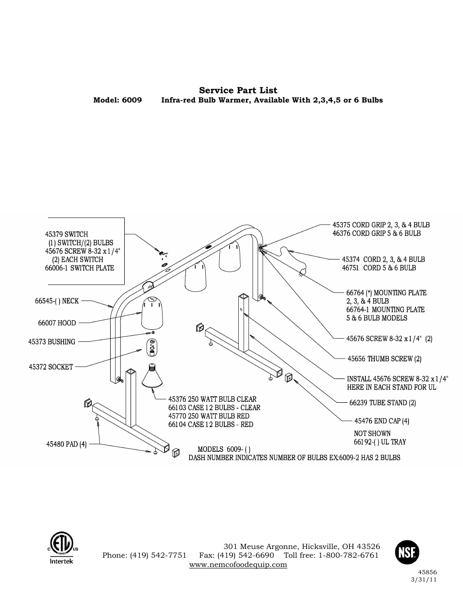 Nemco Food Equipment Infrared Bulb Warmers 6009 - Operations Manual User Manual | Page 2 / 2