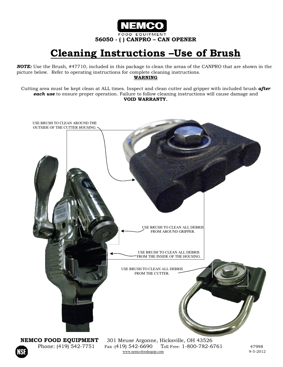 Cleaning instructions –use of brush | Nemco Food Equipment CanPRO Compact Can Opener - Operations Manual User Manual | Page 4 / 5