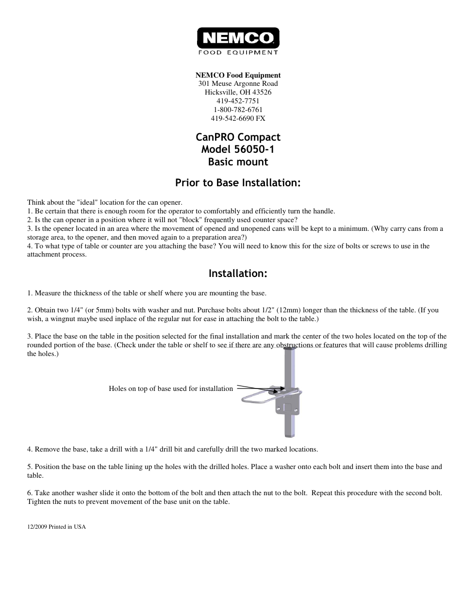 Prior to base installation, Installation | Nemco Food Equipment CanPRO Compact Can Opener - Operations Manual User Manual | Page 5 / 5